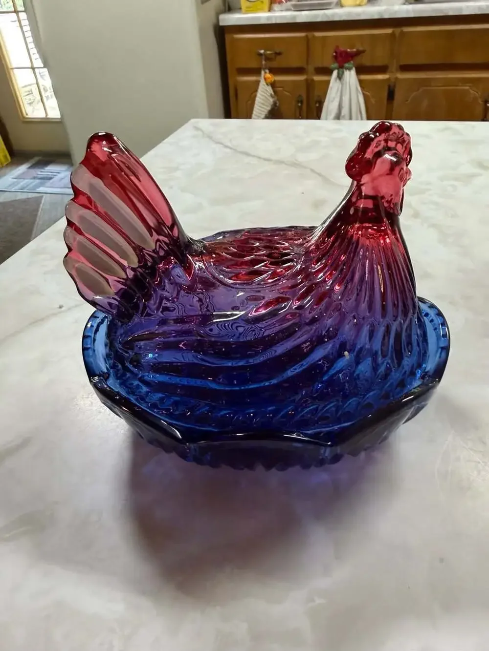 The Royal Magnolia Purple Pressed Glass Hen on a Nest Covered Dish July 4th Edit